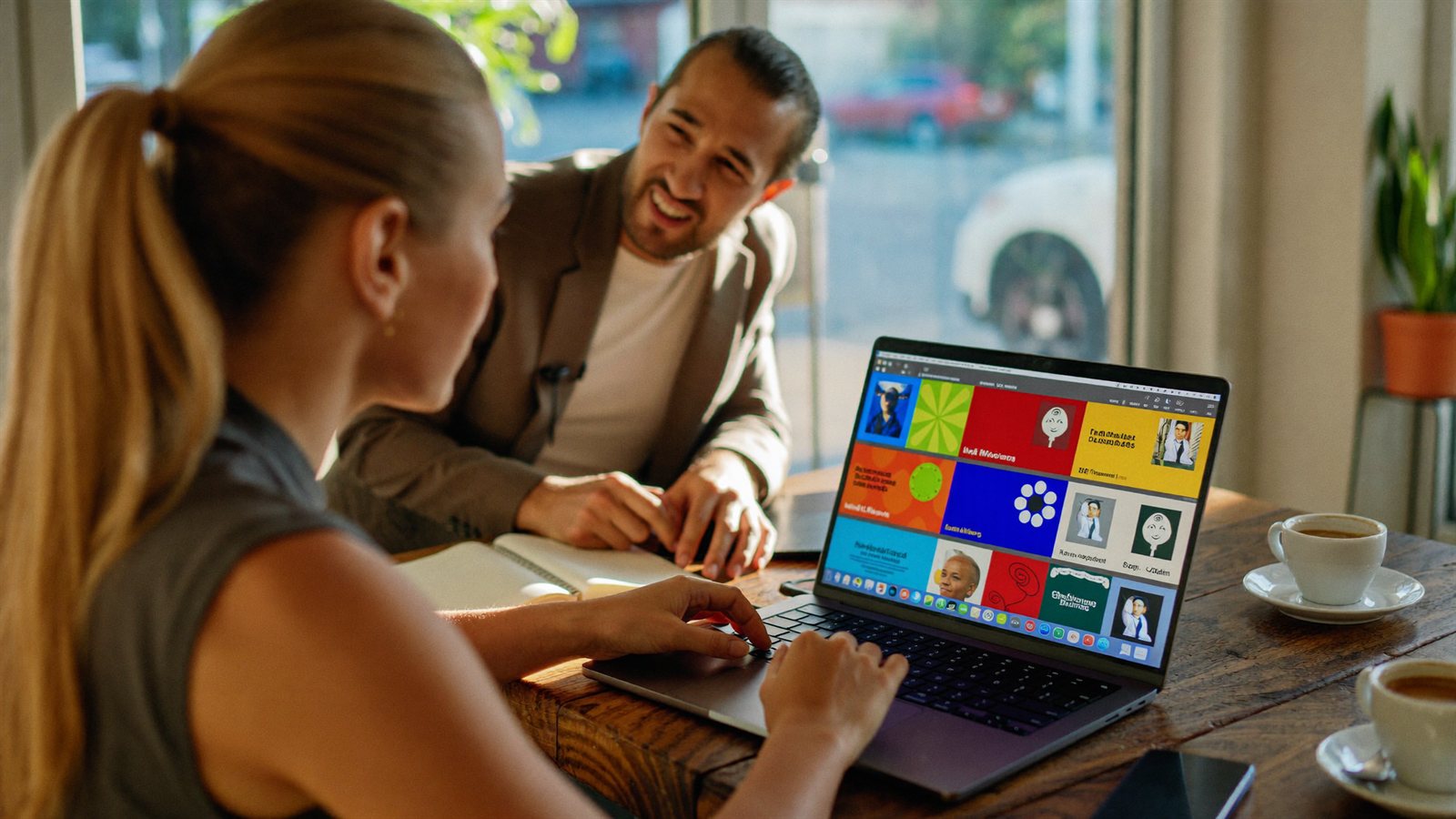 A social media manager and a paid media consultant at a coffee shop table, reviewing a laptop screen filled with a grid of colorful image ads