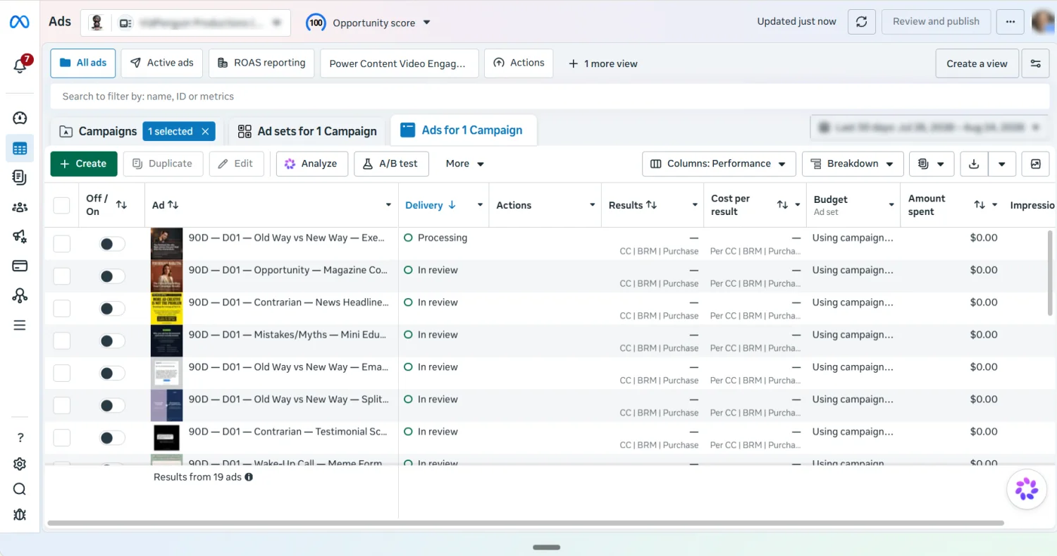 A Meta Ads Manager account listing 19 ads. Every one is switched off and the amount spent on each reads $0.00.