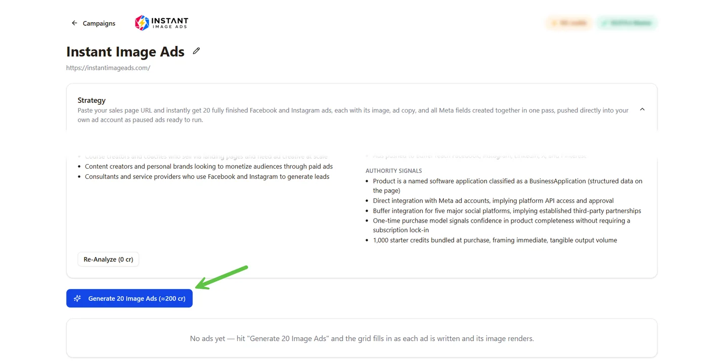 The tool showing the offer, the audience and the selling points it pulled off the page, each one editable.