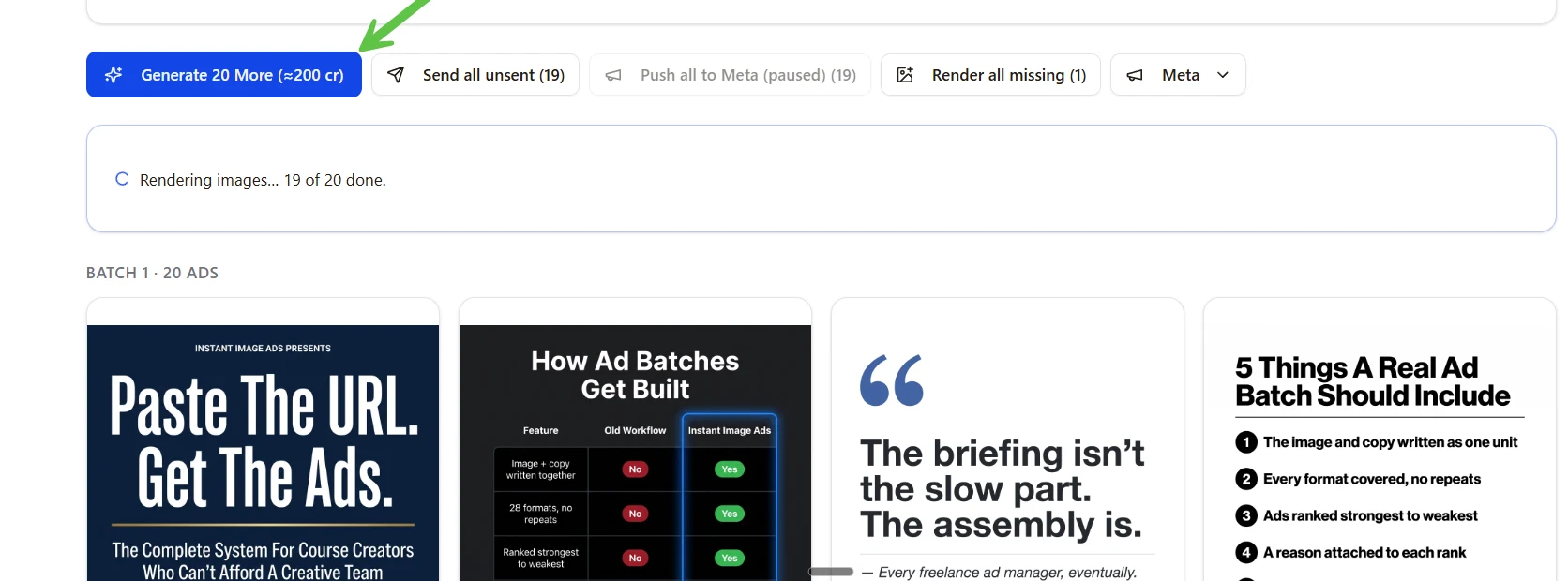 The batch running, with a progress line reading 19 of 20 images done, and finished ads already on screen.