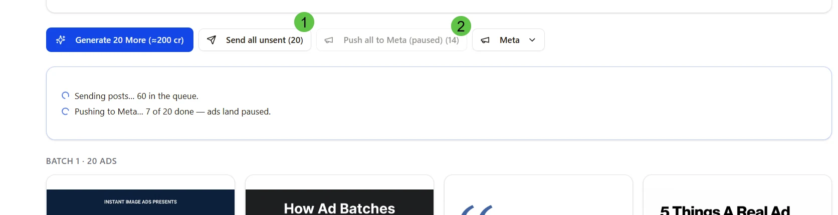 The send controls, with one line reading 60 posts in the queue and another reading 7 of 20 pushed to Meta, ads land paused.